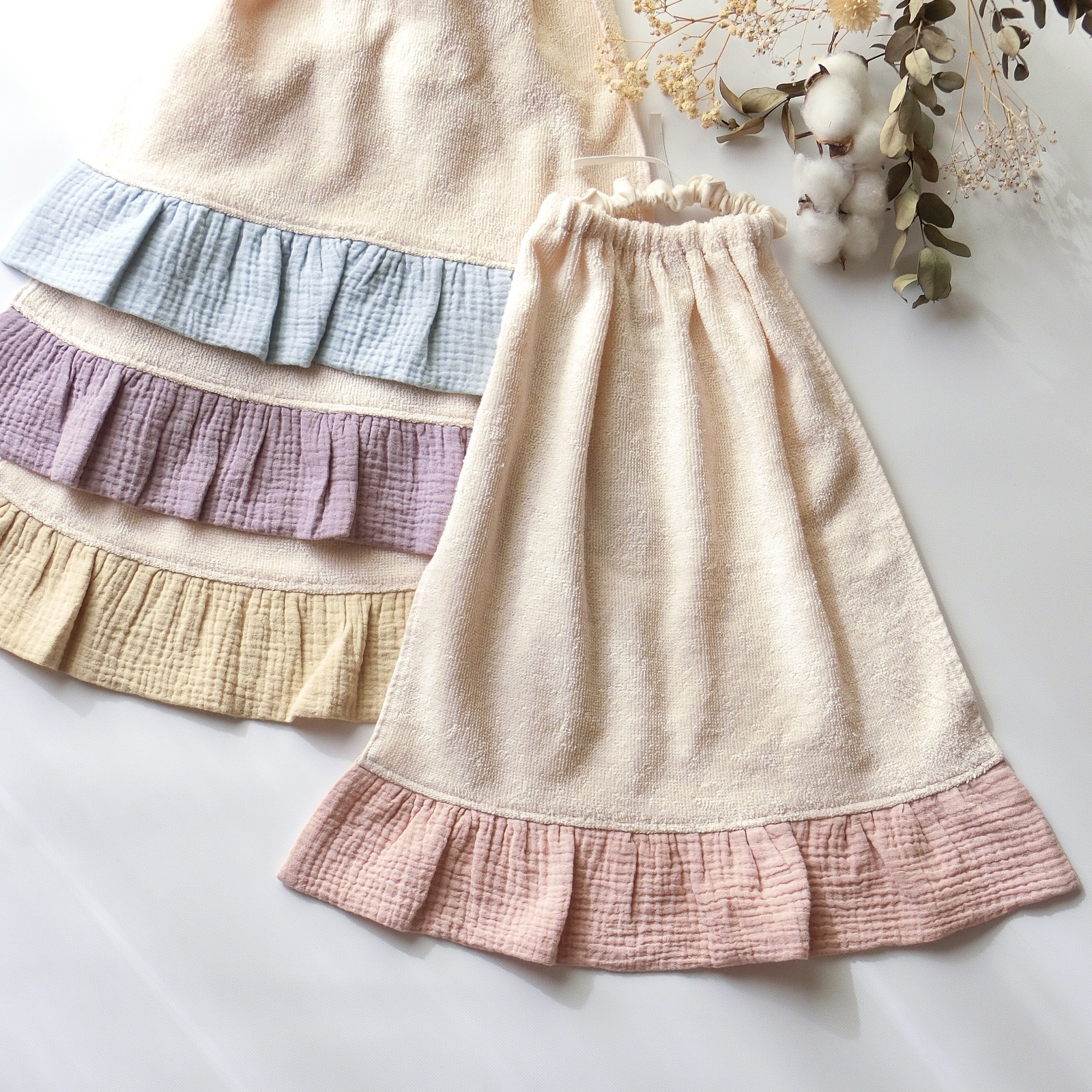 ぽこぽこガーゼのフリルが可愛いタオルエプロン☆まとめ買いがお得 丈 