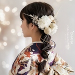 卒業式　成人式　和玉　水引アレンジ　ホワイト　ナチュラルなヘッドドレス　結婚式　髪飾り　前撮り　和装　袴　振袖　ヘアアレンジ