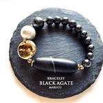 【vafumiko様専用◆御売約】　BL196-689アゲートBLACK+cotton Pearl Asymmetry 16-17㎝*天然石ブレスレット　  [送料無料]　
