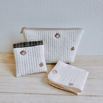 ハッピーバッグ2026 パン刺繍　ブラウン　布小物3点セット　ヌビ　マチ付きポーチ　バネポーチ　タオルハンカチ　ガーゼ　福袋