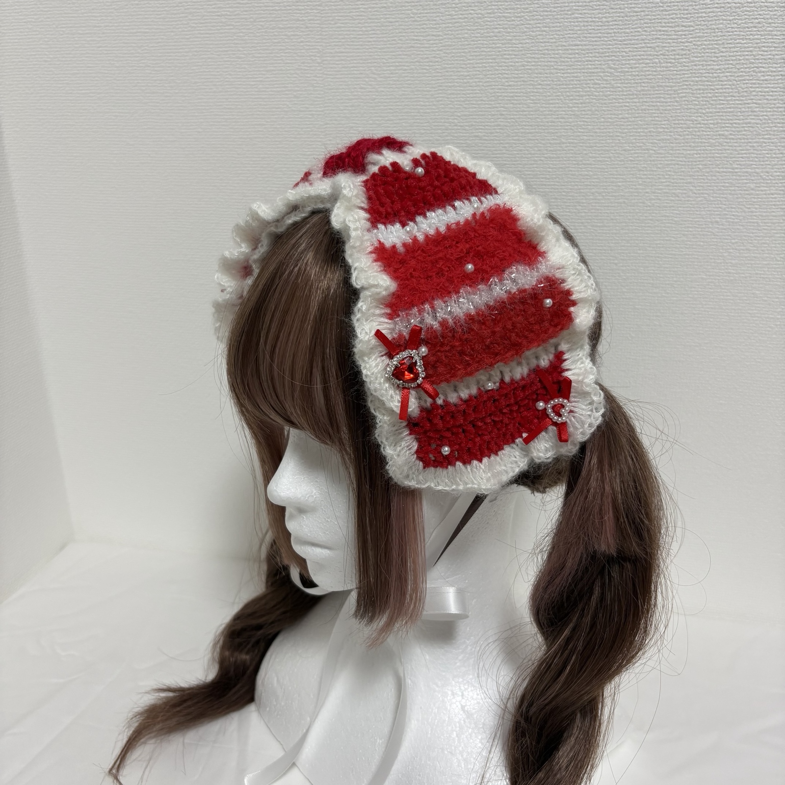 ニットリボンヘッドドレス　レッド　編み物　毛糸