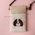キャバリア刺繍のお散歩ポシェット（ベージュストライプ）