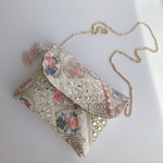 jewel porch  01 2way インド刺繍リボンの蓋付きポーチ　ショルダーチェーン、タッセル付き White lovely