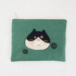 びっくり顔のモコモコ猫ちゃんポーチ（リネン緑）