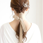 ベージュ/ ワイド ベロアリボン ポニーフック  ヘアリボン ベルベット ビッグリボン ロングリボン 結婚式