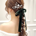 グリーン / ワイド ベロアリボン の ポニーフック ベルベットリボン 結婚式 ヘアリボン ウェディングヘア お呼ばれ