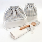 お弁当3点セット【natulal blue check】ランチョンマット&お弁当袋&コップ袋　ブルーチェック　名入れ　サイズオーダー　入園入学　ナチュラル