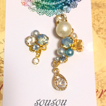 コットンパールとブルービジューのイヤーカフとピアス（イヤリング）のセット