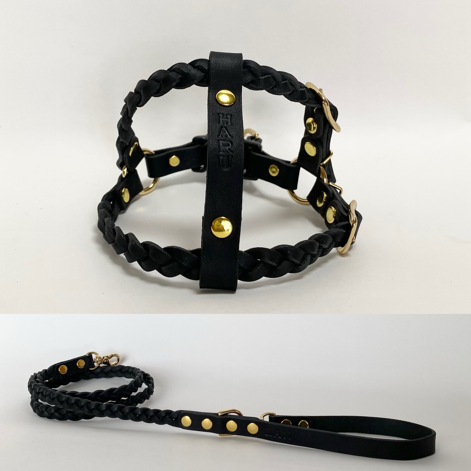 黒レザー三つ編みハーネスカフェリードセット（小型犬用） - KURARA