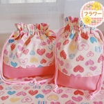❤️Lovelyハート柄 ベージュ×濃いピンク 3点セット（お弁当袋・コップ袋・ランチョンマット）入園準備 や毎日のランチタイムにピッタリ‼︎
