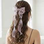 【 パール ＆ ピンク】ポニーフック/ シアー リボン ヘアリボン ブライダル  卒業式 ヘアアクセサリー オーガンジーリボン 結婚式 成人式 振袖 袴