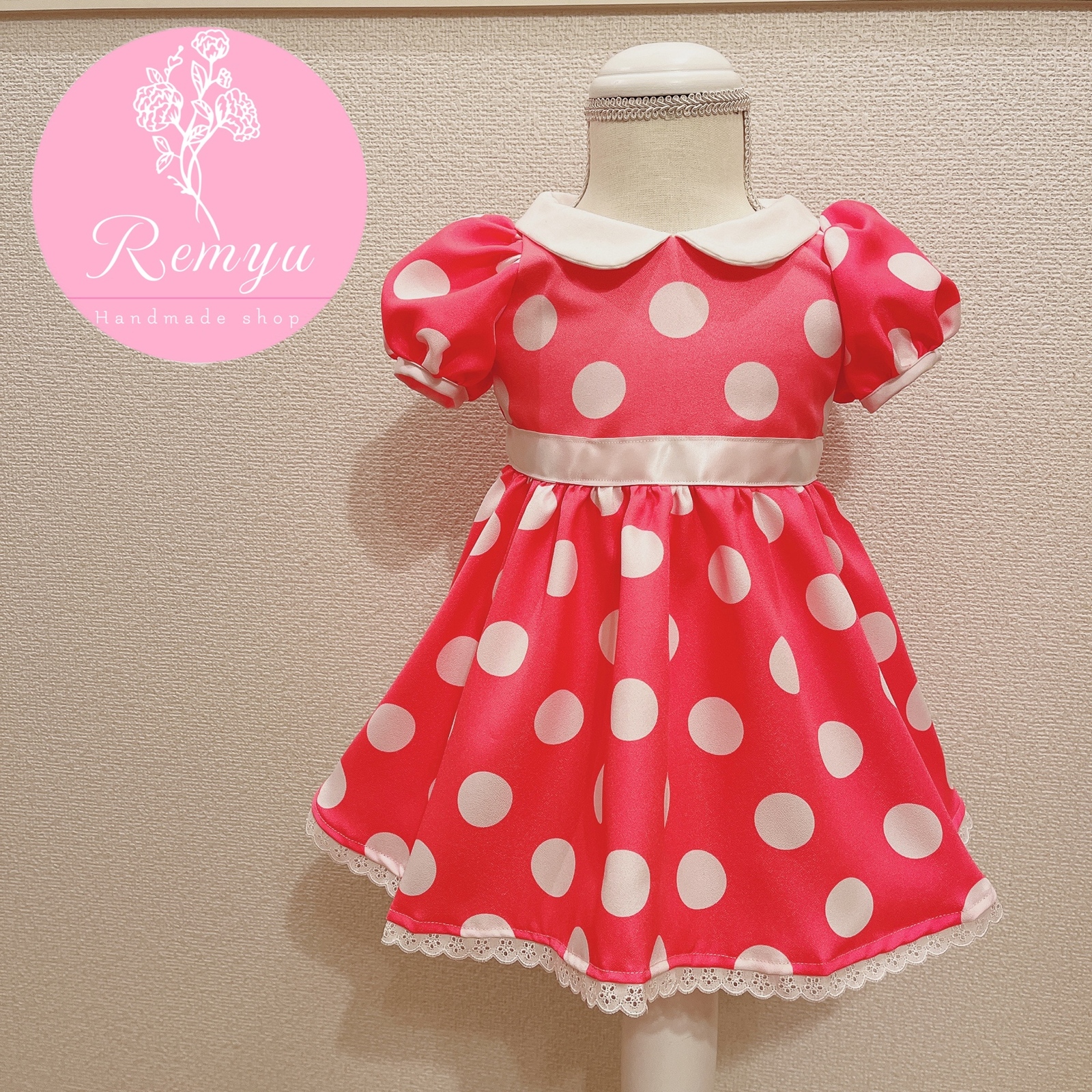 赤ドット　ワンピース♡丸襟♡白リボンタイプ　ミニー♡赤色かぼちゃパンツ 赤ドット ワンピース♡丸襟♡白リボンタイプ ミニー♡赤色かぼちゃ