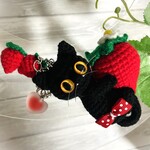 黒猫のイチゴいっぱい🍓バッグチャーム♡あみぐるみ
