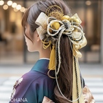 成人式　髪飾り　結婚式　卒業式　ヘッドドレス　和装　振袖　袴　前撮り　二次会　披露宴　ヘアアレンジ　ｺﾞｰﾙﾄﾞxﾌﾞﾗｯｸｾｯﾄ   OHANA
