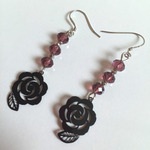 カットガラス×黒薔薇☆sv925フックのピアス