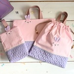 パープルうさぎちゃんレッスンバッグ＋シューズケース＋体操着袋（ハート柄）3匹セット受注制作＜サイズ変更可＞