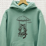 猫と雲 選べる トラ猫 三毛猫 極厚 裏起毛 パーカー スモーキーグリーン 長袖 スウェット 冬 防寒 厚手 12オンス フワフワ 暖か トップス 送料無料