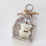 【Sモカ】前面クリアぬい巾着｜ポーチ ちびぬい はぴぬい  15cmぬい ぬいぐるみ ぬいポーチ 巾着袋 リボン コスメポーチ クリア くすみカラー 透明 PVC カラビナ 推し活