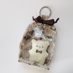 【Sアンティーク柄】前面クリアぬい巾着｜ポーチ ちびぬい はぴぬい  ぬいぐるみ ぬいポーチ 巾着袋 リボン コスメポーチ クリア くすみカラー 透明 PVC カラビナ 推し活