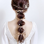 【ブラウン】パール ＆ サテンリボン のポニーフック  ヘアアクセサリー  リボンアレンジ