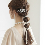 【クリーム】パール ＆ サテンリボン のポニーフック  紐アレンジ  ヘアアクセサリー