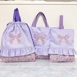 【お名前刺繍】　入園入学セット　パープル　レッスンバッグ  上履き入れ　お着替え袋　体操着袋　巾着袋  入園準備入学準備  入学祝　入園祝女の子　手提げ　絵本袋　トートバッグ  フリル　おしゃれ　人気