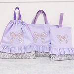 名入れ　リボン刺繍　入園入学セット　レッスンバッグ  上履き入れ　パープル　お着替え袋　体操着袋　巾着袋  入園準備入学準備  入学祝　入園祝女の子　手提げ　絵本袋　お稽古バッグ  フリル絵本バッグ