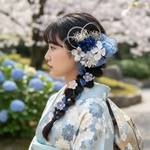 N23  つまみ細工　髪飾り　青　卒業式　袴　結婚式　ドライフラワー　成人式