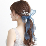 新色【ダスティブルー】シアーリボン ポニーフック/ ブライダルオーガンジー ヘアアクセサリー  ヘアリボン