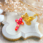 mini【カトリーナ✝️】ピンク 薔薇 ローズ 花びら クロス 十字架 ボタニカル レトロ ドライフラワー ガラス ビジュー レトロ 金箔 ネックレス