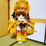 簡易着物とボンネット＜ 京つばき（山吹色）＞