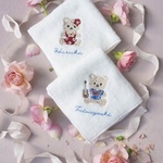 【1枚〜】名入れ刺繍🌺リゾ婚席札ハンカチ　プチギフト　沖縄婚　ハワイ婚　南国　ウクレレ　ハイビスカス
