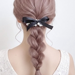 サテンリボン の パールヘアゴム  【ショート】/ ブラック  リボンヘアゴム  パールシュシュ