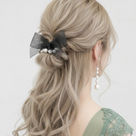 シアーリボン の パールヘアゴム   / ブラック  リボンヘアゴム  パールシュシュ
