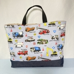 はたらく自動車グレイ　大き目レッスンバッグ 46x 32x8cm    ダンプカー　　白バイ　2026新柄　　サイズ指定出来ます