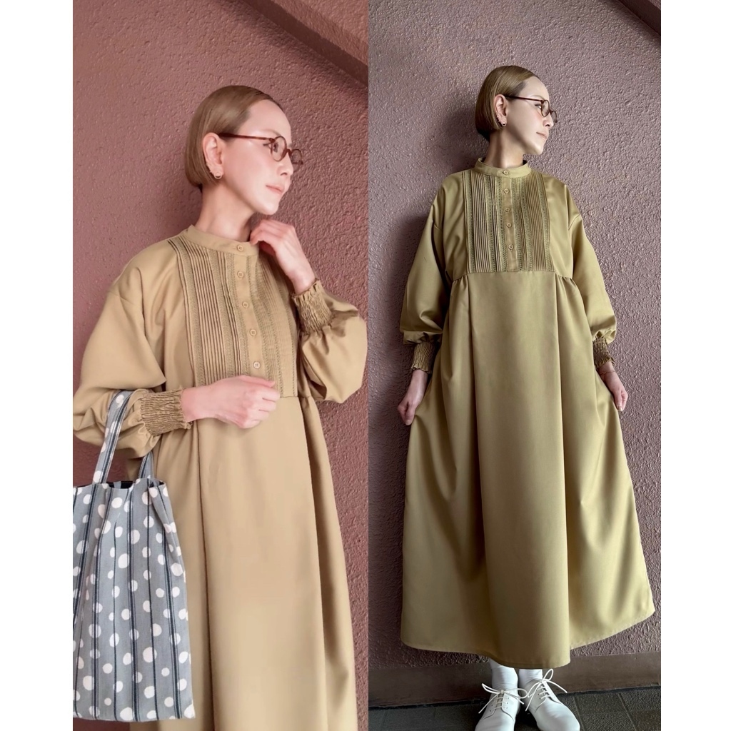 RATA❤️大人の上品ゆったりワンピース❤️ピンタック&ボリューム袖❤️普段着&式にも❤️ふんわりお洒落ベージュ