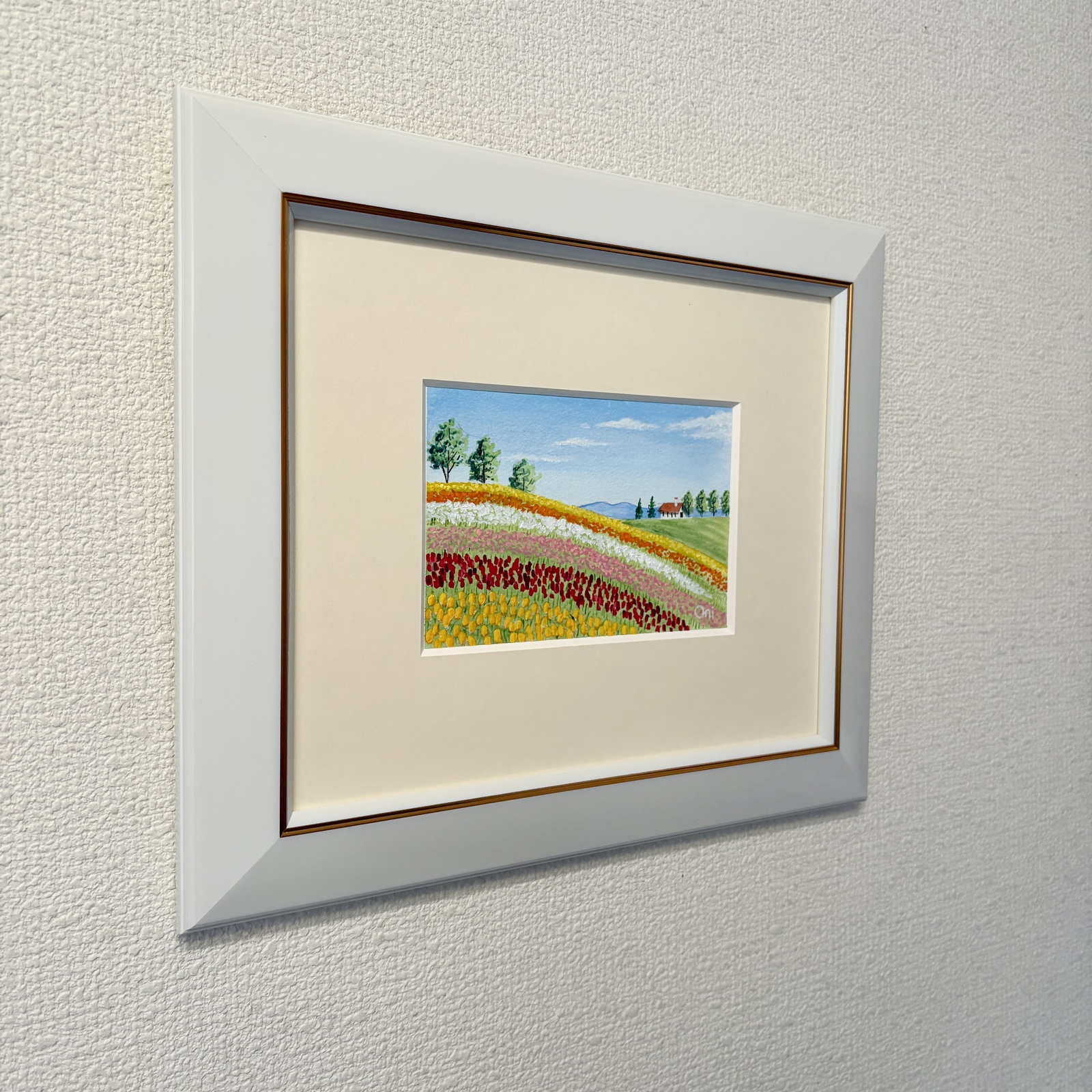 水彩画 アクリル画 原画 「チューリップの咲く丘01」 額縁付き