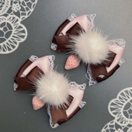 ファー付いちご♡フリルリボン　茶ピンク　ヘアクリップ 量産型　地雷　ゴスロリ