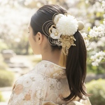 A487 つまみ細工　マム　ドライフラワー　髪飾り　白　ゴールド　卒業式　袴　成人式　振袖　結婚式　和装