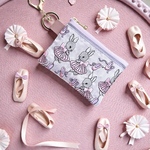【新作】バレリーナうさぎ/インド刺繍×帆布/キーホルダー付きフラットポーチ/マルチケース