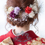 再.......販売*  *王道の和カラーの紫陽花シュフティ*　髪飾り　ヘッドドレス　紫陽花　振袖　袴　成人式　卒業式　パール　カスミソウ　結婚式　和装　お呼ばれ　赤　パープル　