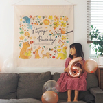 森のどうぶつ達と 誕生日タペストリー／大サイズ (壁掛け 簡単) ミシン仕上げ／北欧 くすみカラー