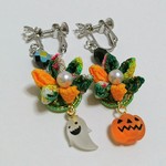 【059期間限定】ハロウィン/限定/緑×オレンジ/ちりめん/かわいい/イヤリング