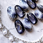 ＃63 Lune d’Ombre ネイルチップ ニュアンスネイル 個性派ネイル マグネットネイル 天然石ネイル 大理石ネイル ネイビー 青 ジュエリー 宝石 星 月 大人 上品 手描き ミラー