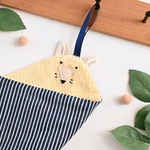 ネーム入れ、名入れ可♪ループ付きタオルハンカチ（キツネくん×ヒッコリー柄）