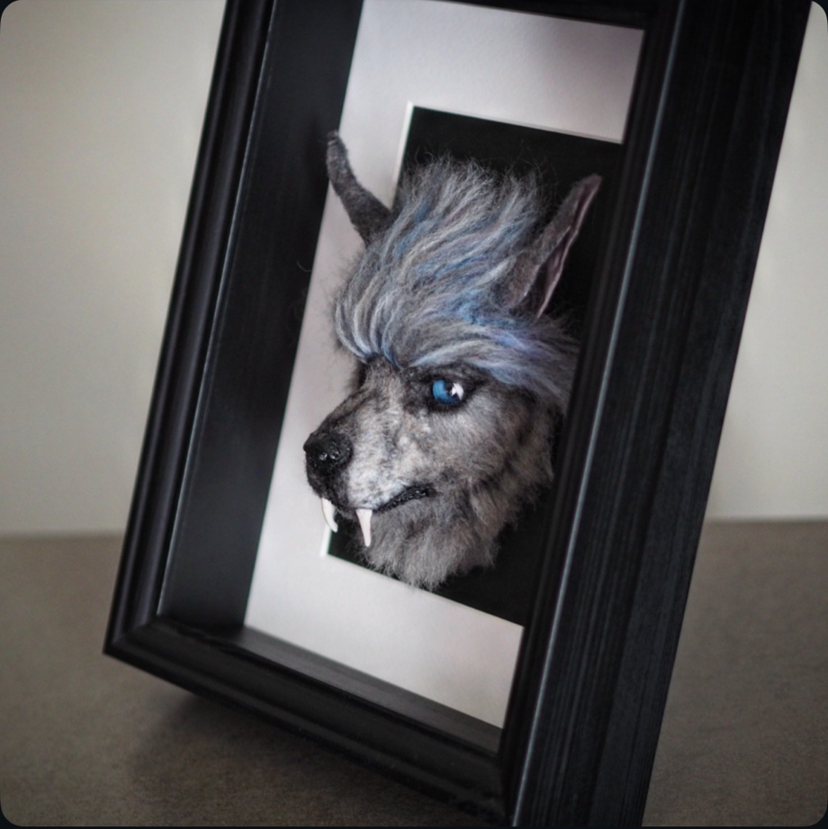 hanmifelt 羊毛フェルト 幻獣 オオカミ 狼 アートドール 立体額縁