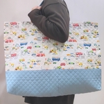 縦45×横60（マチ8cm含む）大きめレッスンバッグ　車柄　白×サックス　完成品　