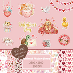 バレンタイン向け♡かわいい動物の愛されクリップアート60点＋デジタルステッカー＆ペーパー10枚｜商用OK