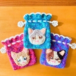 【選べるカラー】ほっこり猫のミニ巾着　編み物　かぎ針編み　小物入れ　ポーチ　アクリル　プチギフト　手編み