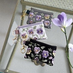 【新作】ビオラ/パンジー◆インド刺繍×帆布/キーホルダー付きフラットポーチ/マルチケース